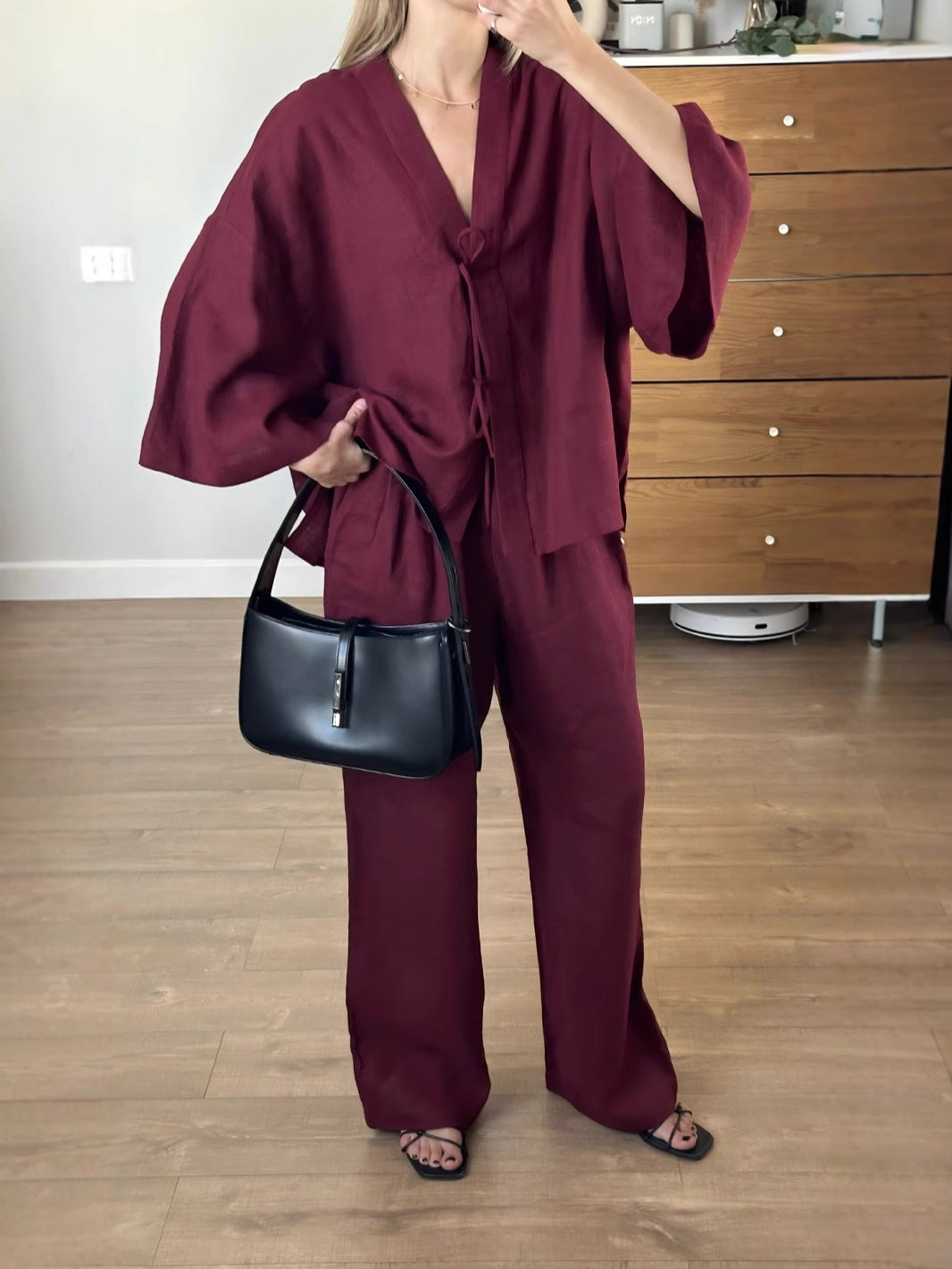Women’s V-Neck Tie-Front Trousers Set