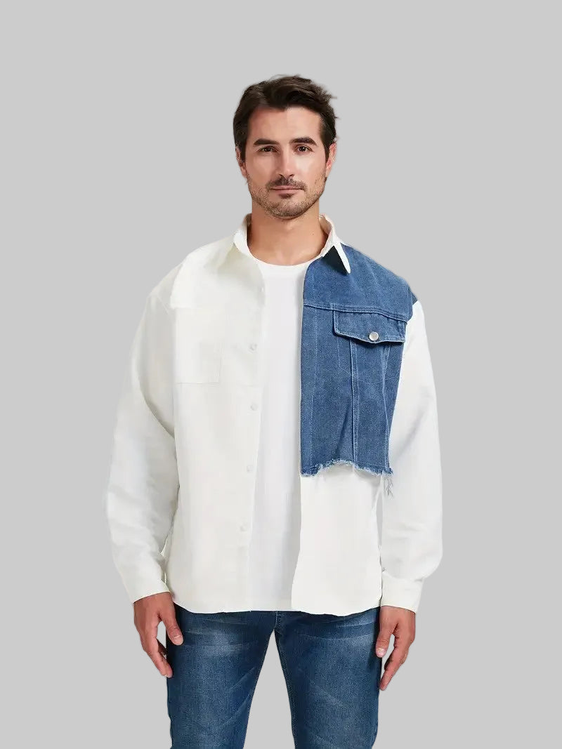 Men’s Long Sleeve Button Shirt with Contrasting Denim Panel