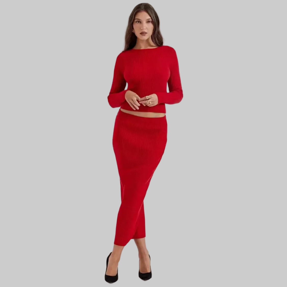 Women’s Ribbed Knit Top and Skirt Set