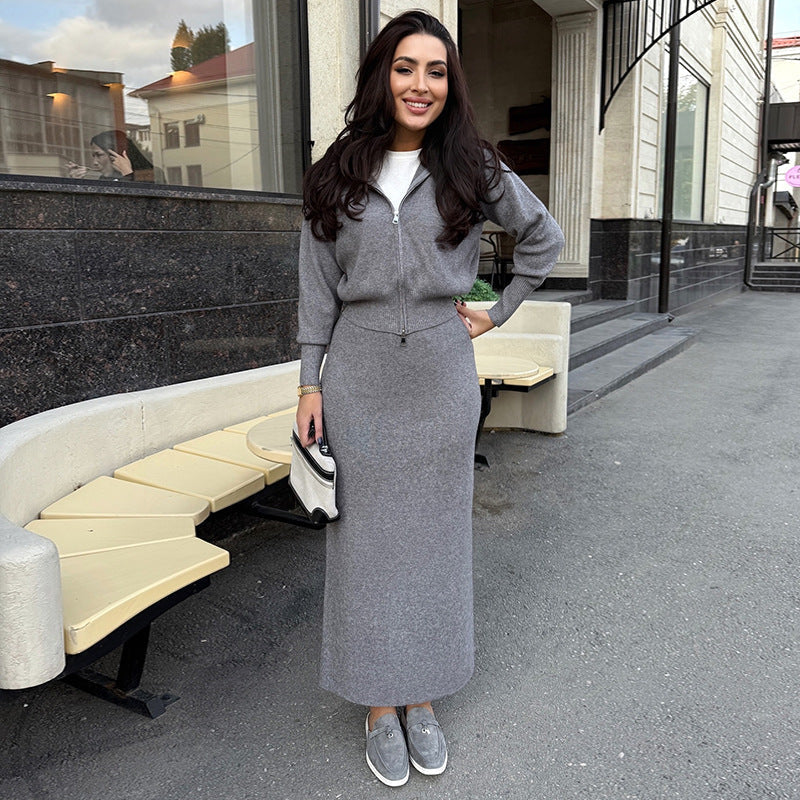 Women’s Knit Zip Cardigan and Skirt Set