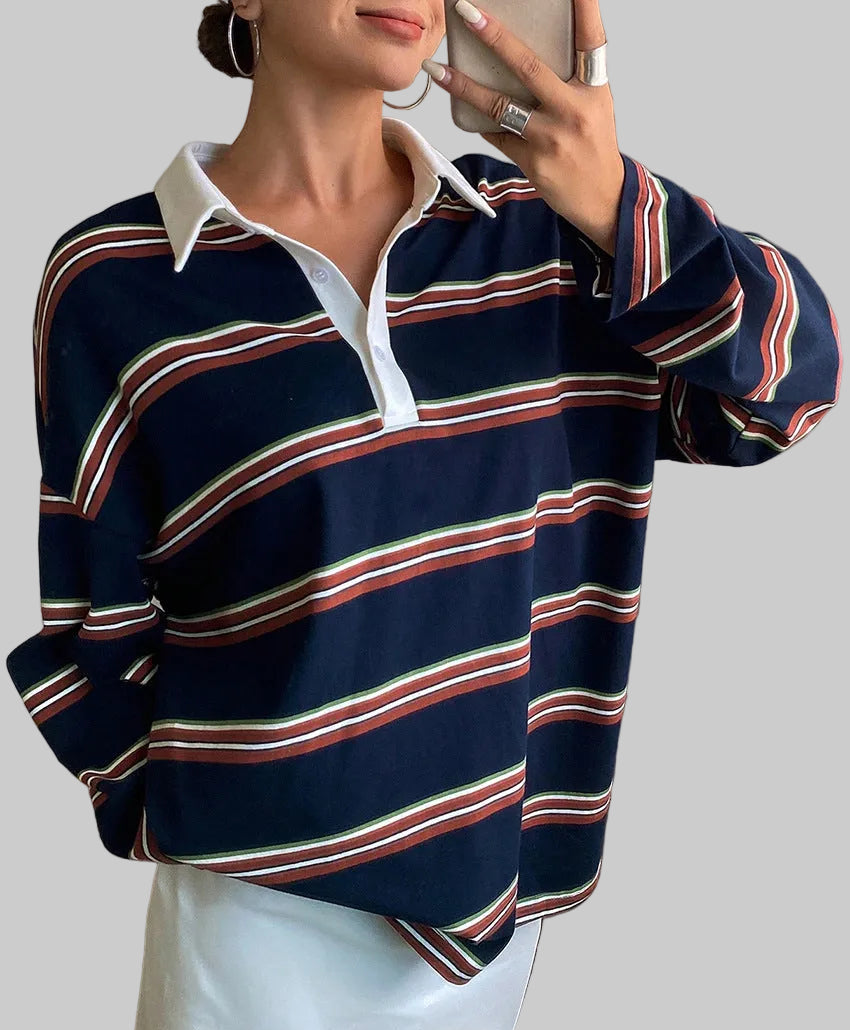 Women’s Striped Long Sleeve Polo Top