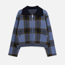 Women's Plaid Knitted Zipper Jacket with Turn-Down Collar