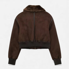 Women's Brown Bomber Jacket with Faux Fur Collar