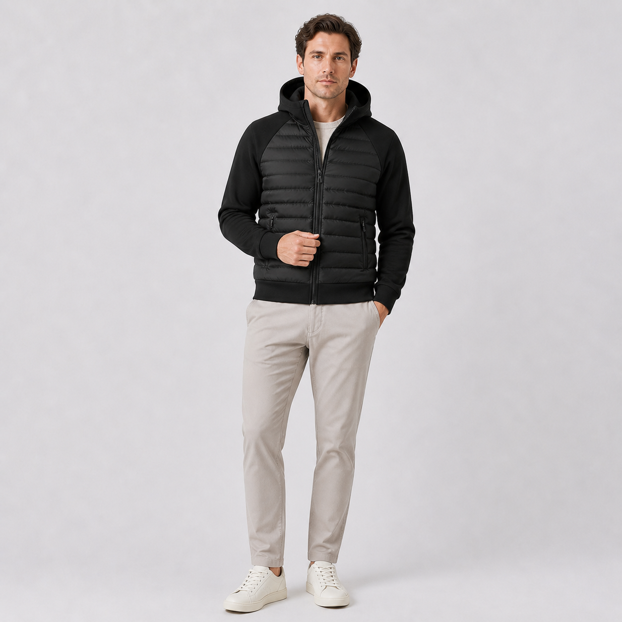 Men’s Hooded Down Jacket – Spliced Quilted Style