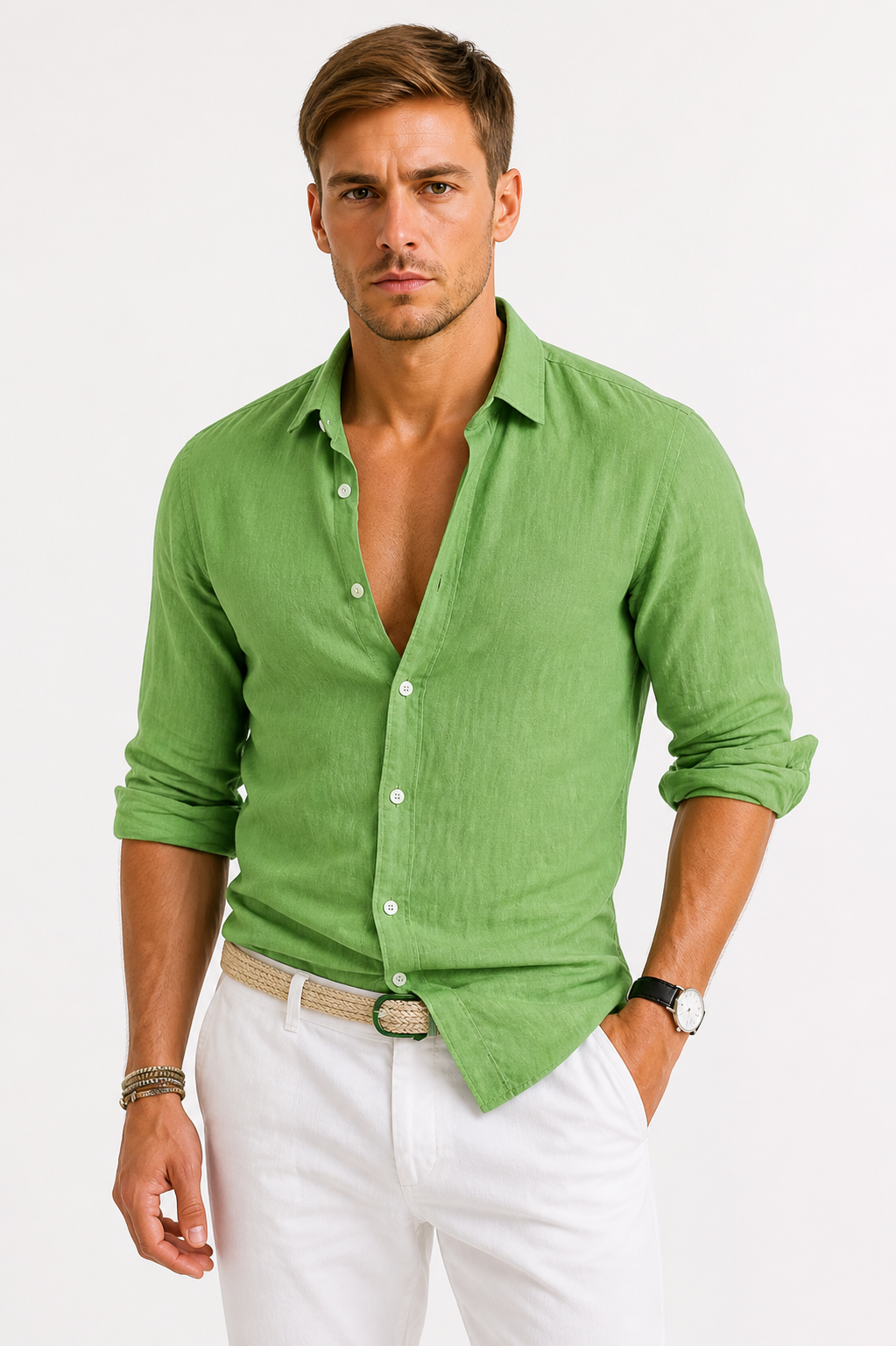 Linen Oxford Shirt With Rolled Sleeves For Men