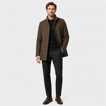 Men’s Long Wool Overcoat with Vest Panel