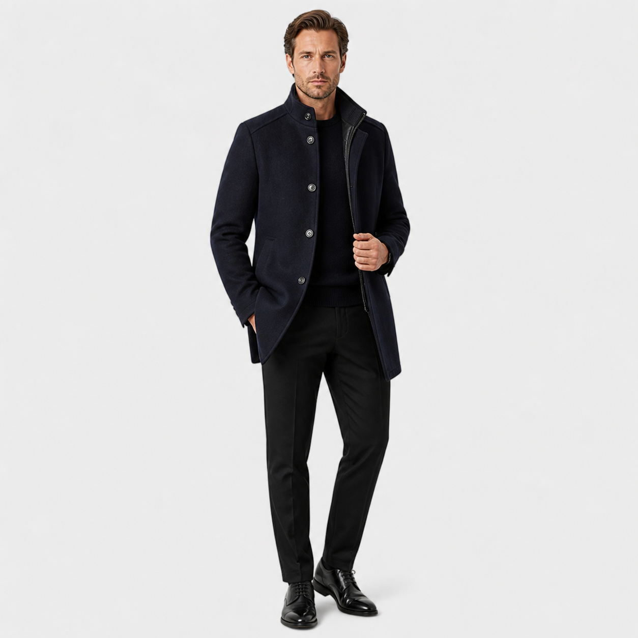 Men’s Long Wool Overcoat with Vest Panel