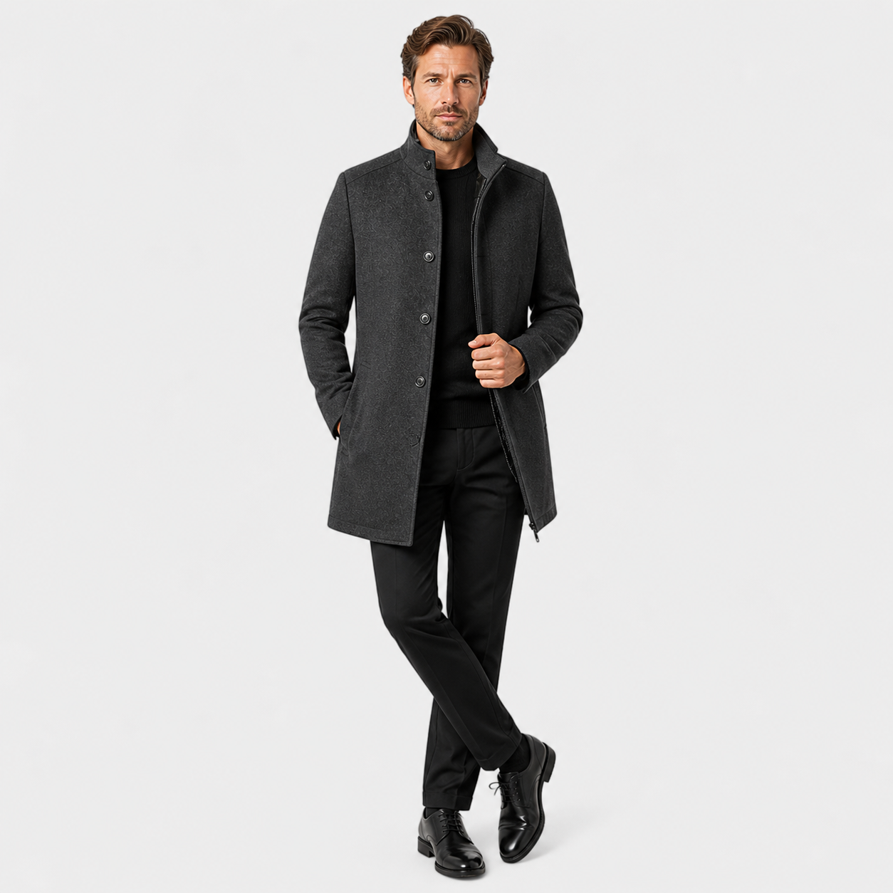 Men’s Long Wool Overcoat with Vest Panel