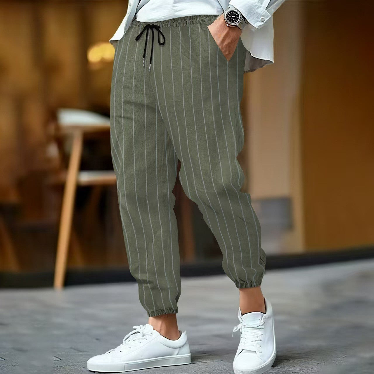 Men’s Ankle Length Trousers with Vertical Stripe Pattern