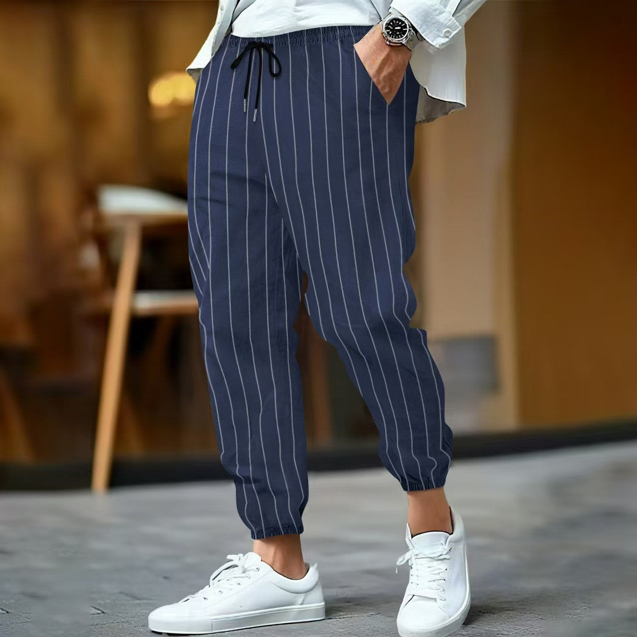 Men’s Ankle Length Trousers with Vertical Stripe Pattern