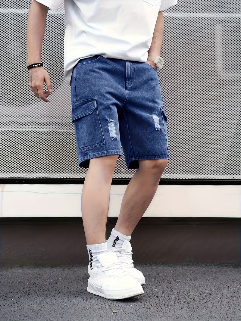 Men's Denim Shorts with Distressed Details