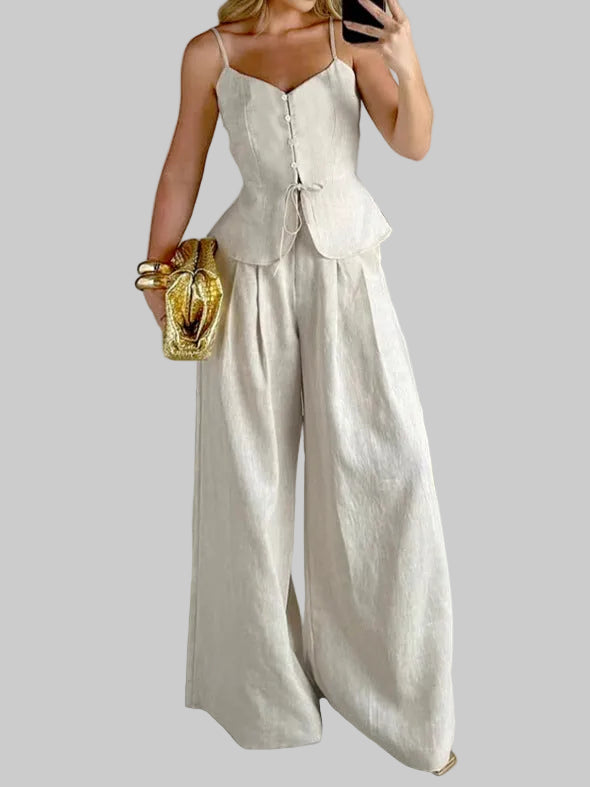 Women’s Button-Front Peplum Top and Wide-Leg Pants Set