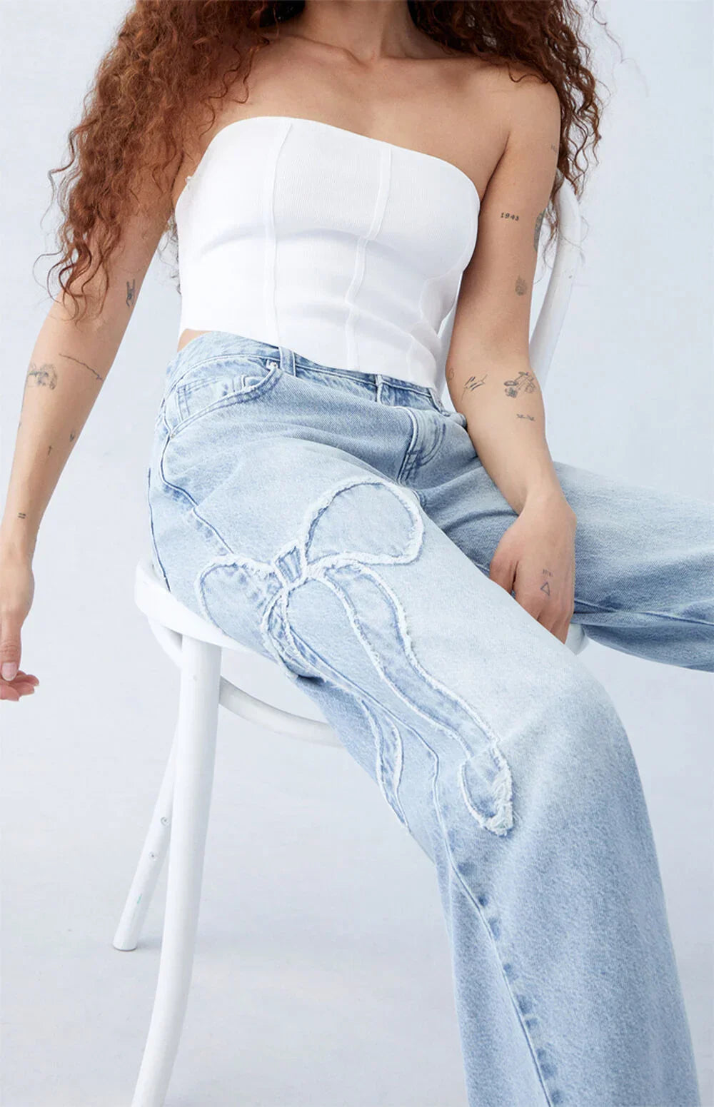 Women’s Button Front Jeans with Leg Bow Embroidery