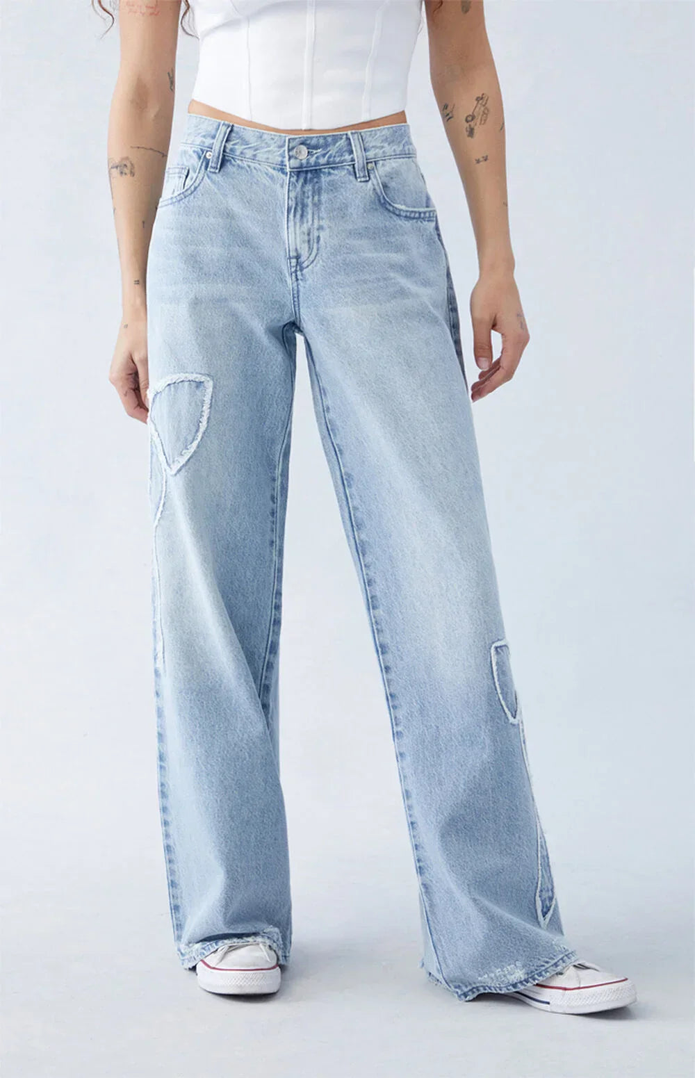 Women’s Button Front Jeans with Leg Bow Embroidery