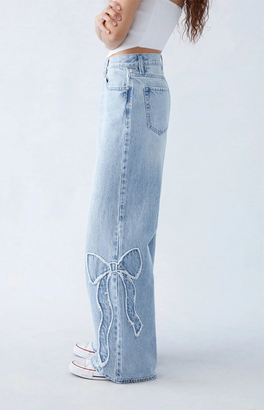 Women’s Button Front Jeans with Leg Bow Embroidery