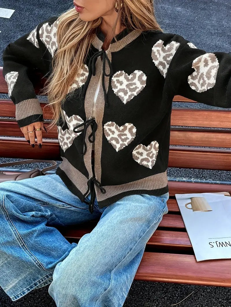 Women’s Cardigan with Heart Pattern and Tie Front