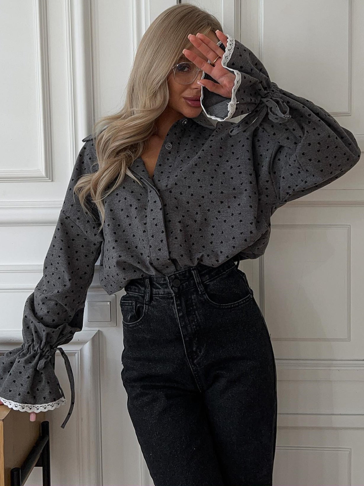Women’s Heart Print Blouse with Lace Cuffs