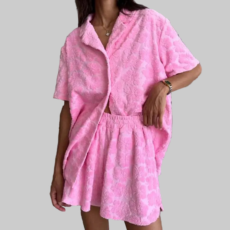 Women’s Hibiscus-Patterned Textured Shirt and Shorts Set