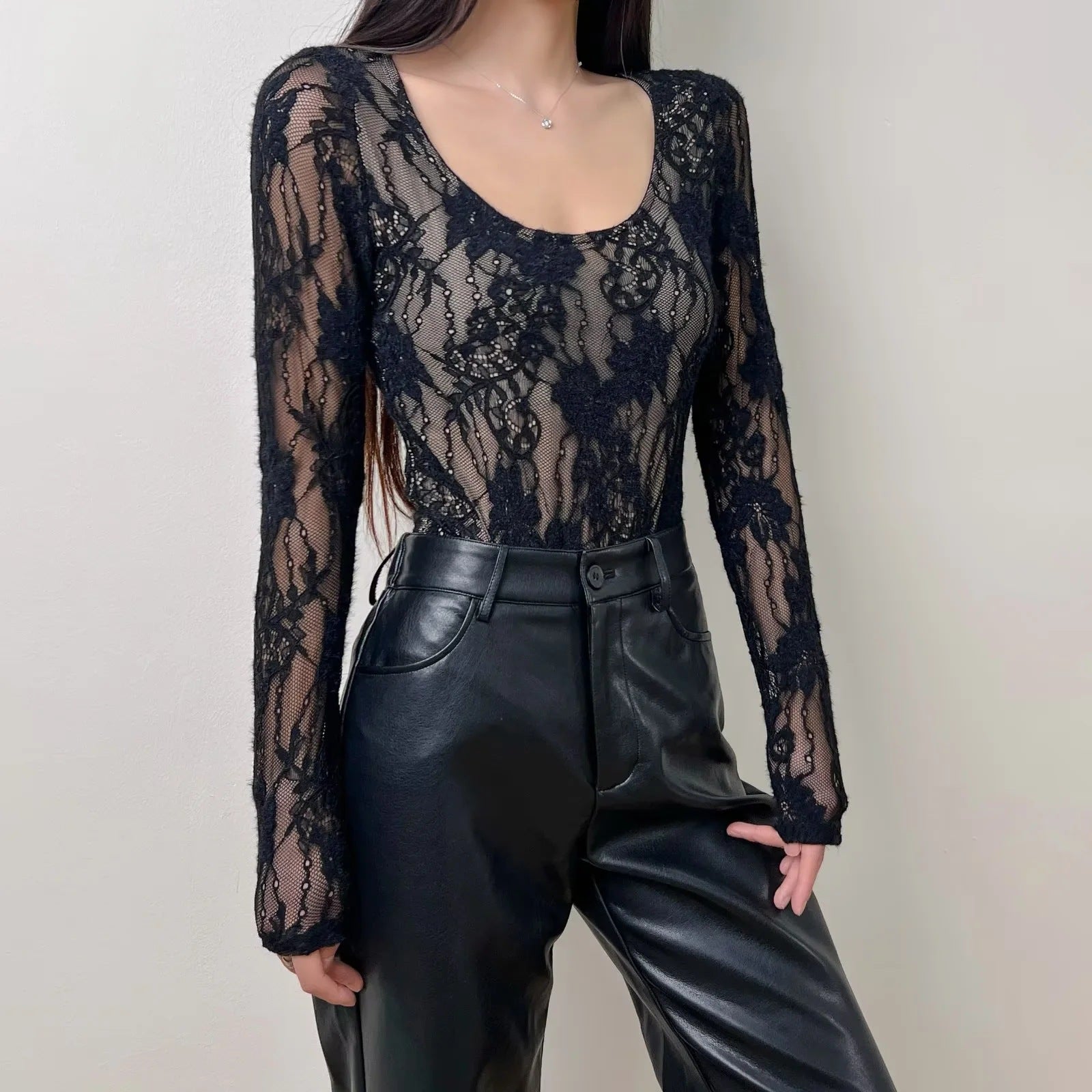 Women’s Long Sleeve Bodysuit with Lace Pattern and Scoop Neckline