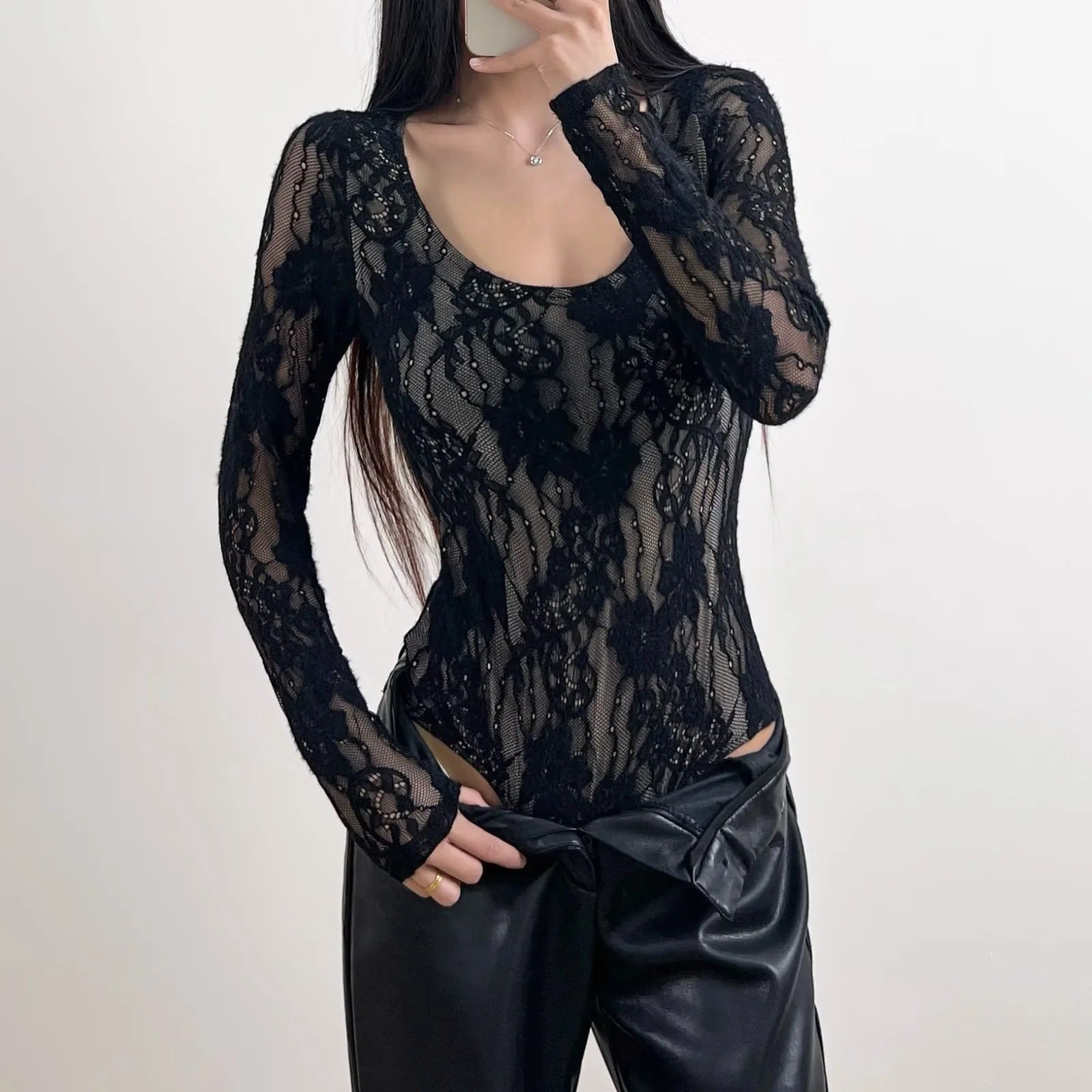 Women’s Long Sleeve Bodysuit with Lace Pattern and Scoop Neckline