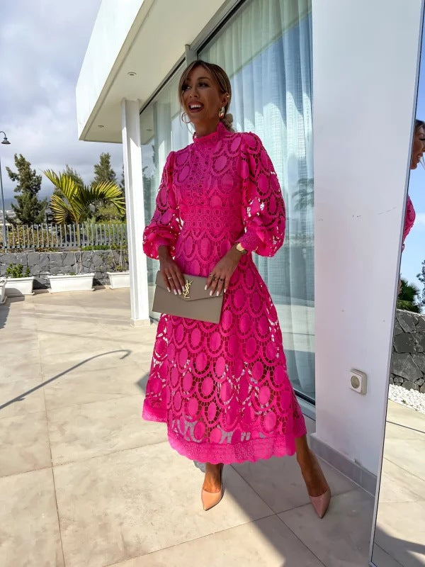 Women’s Long Sleeve Midi Dress with Lace Pattern
