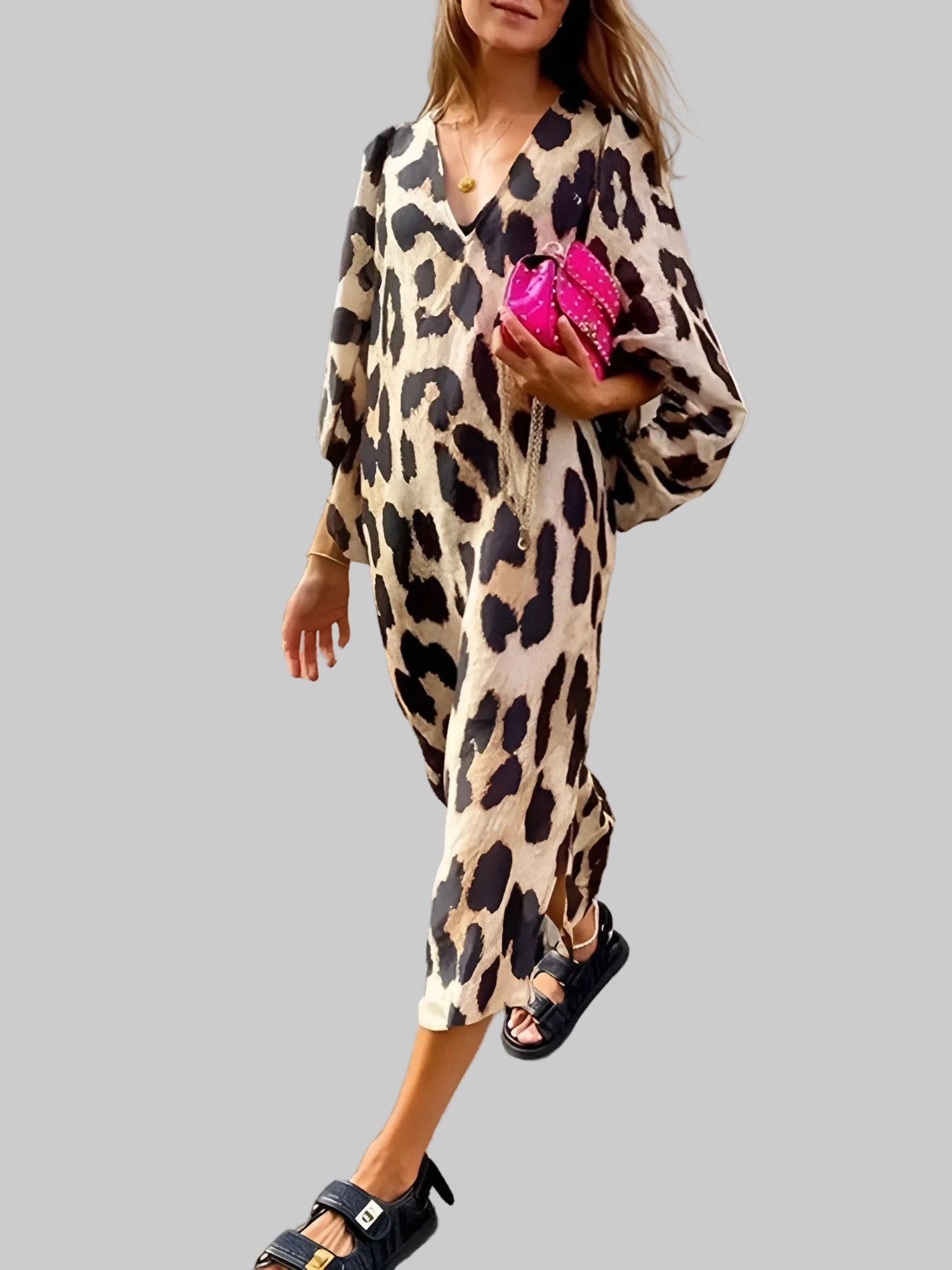 Women’s Long Sleeve Midi Dress with Leopard Print and V-Neckline