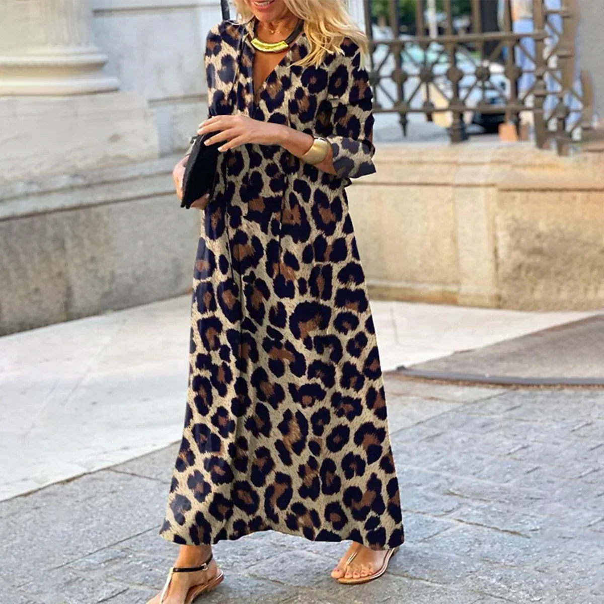 Women’s Long Sleeve Midi Dress with Leopard Print and V-Neckline