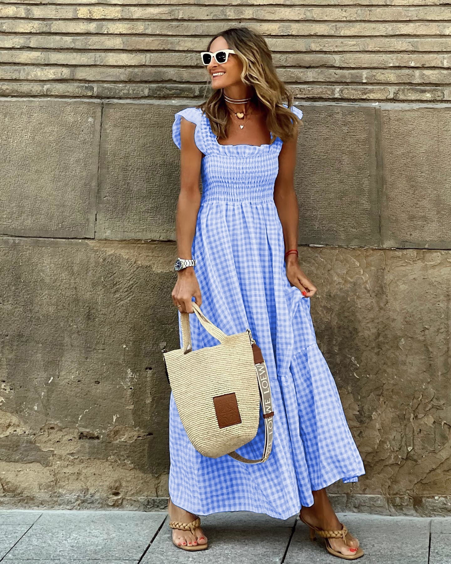 Women's Maxi Dress with Gingham Plaid Smocked Bodice