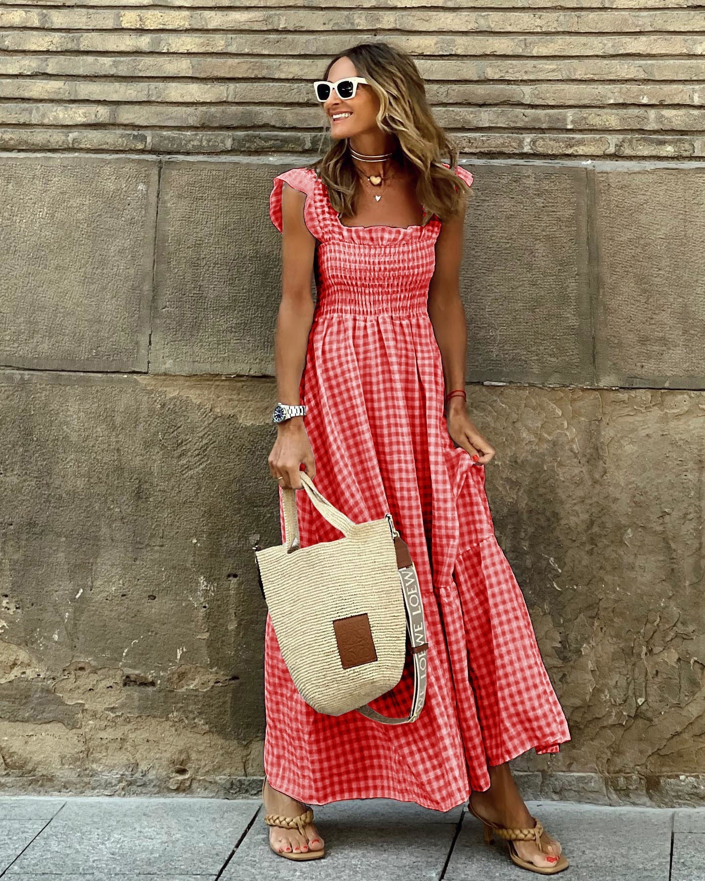 Women's Maxi Dress with Gingham Plaid Smocked Bodice