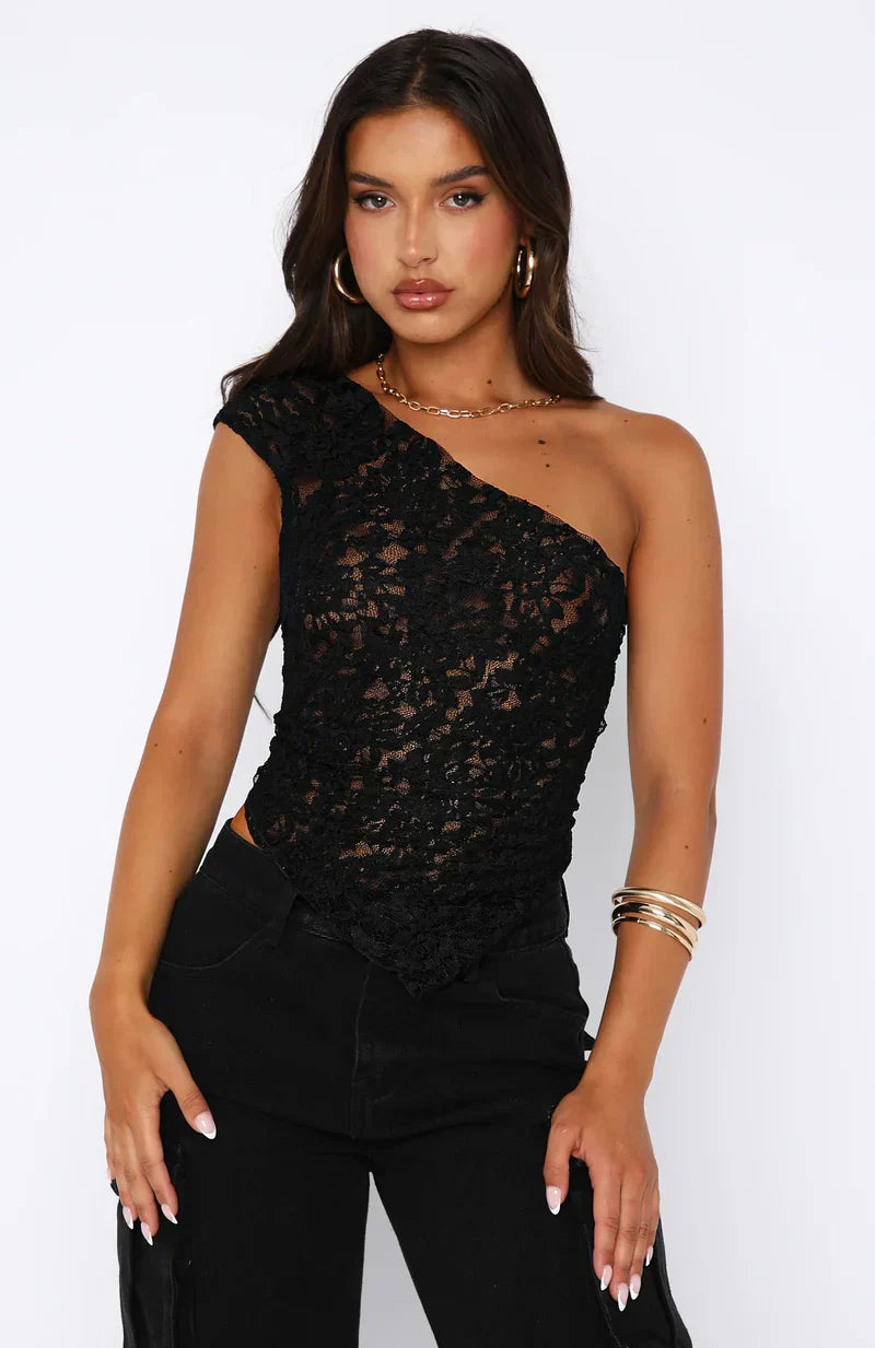 Women’s One Shoulder Lace Top with Open Back Tie