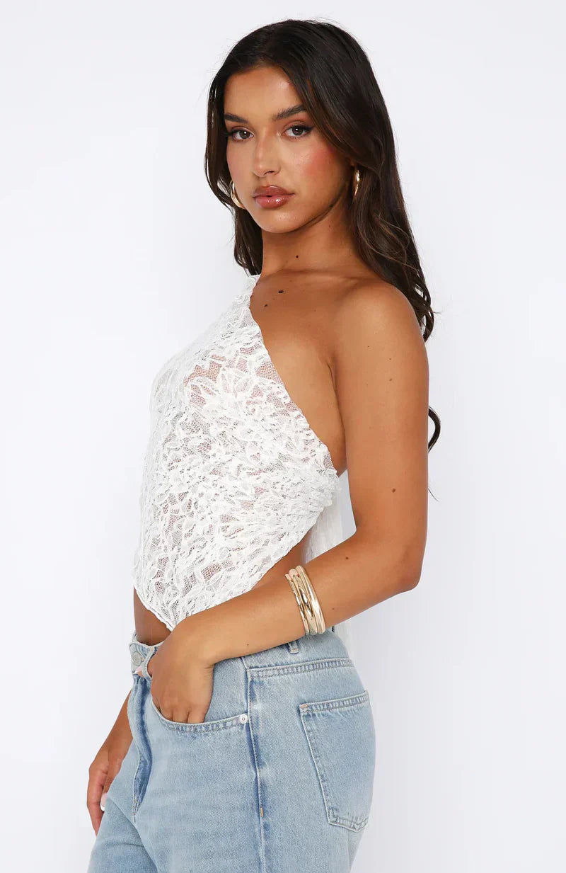 Women’s One Shoulder Lace Top with Open Back Tie