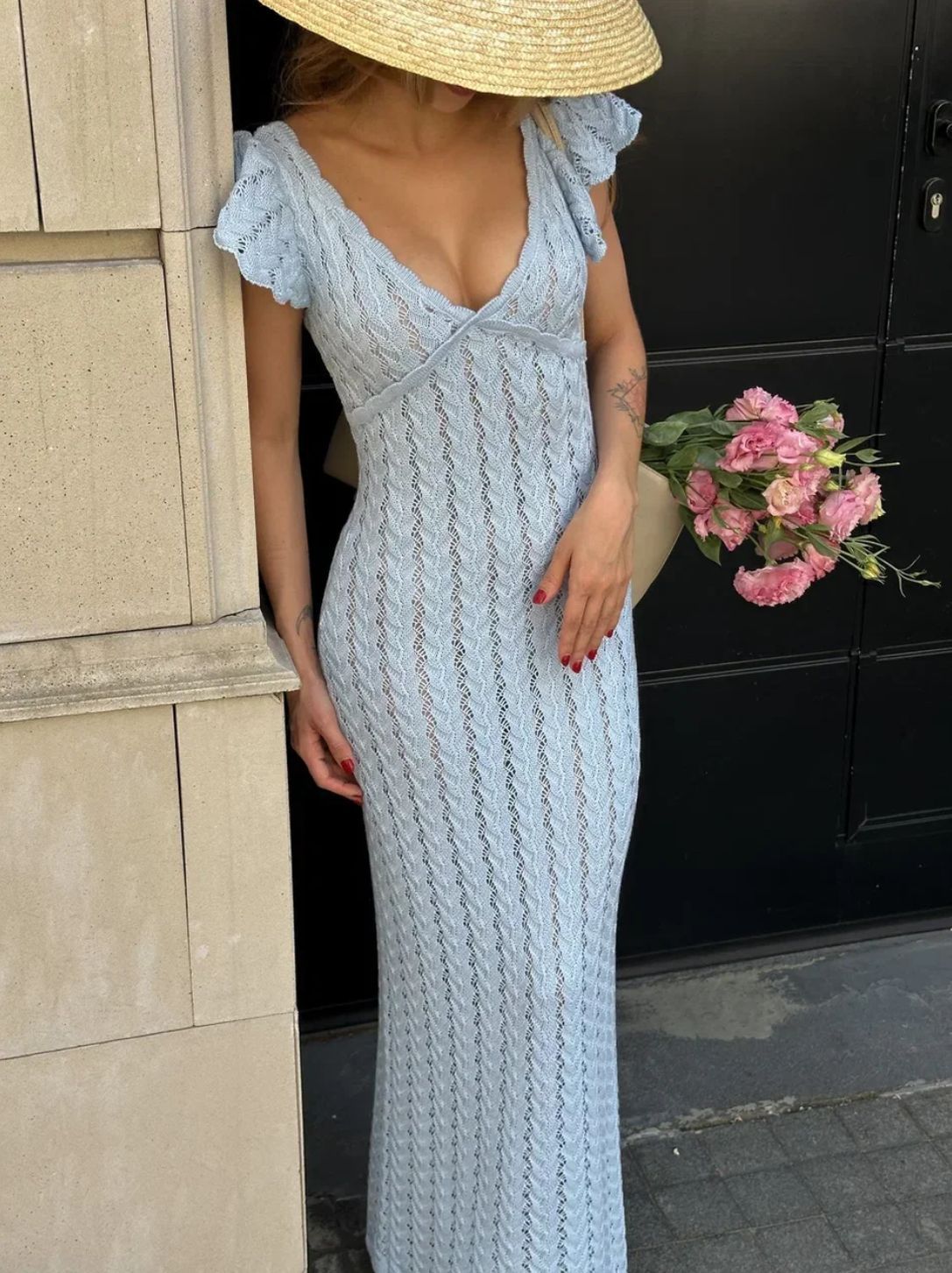 Women’s Open-Knit Flutter-Sleeve Maxi Dress