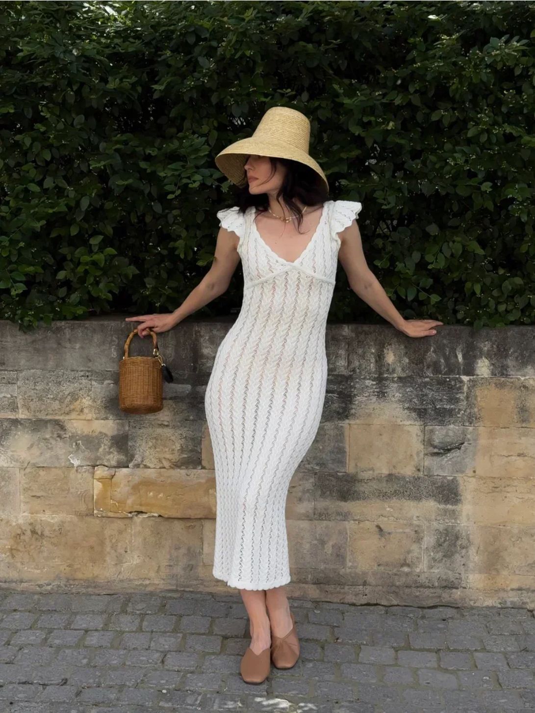 Women’s Open-Knit Flutter-Sleeve Maxi Dress
