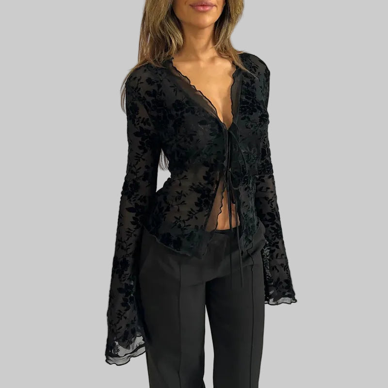 Women’s Sheer Floral Tie-Front Blouse