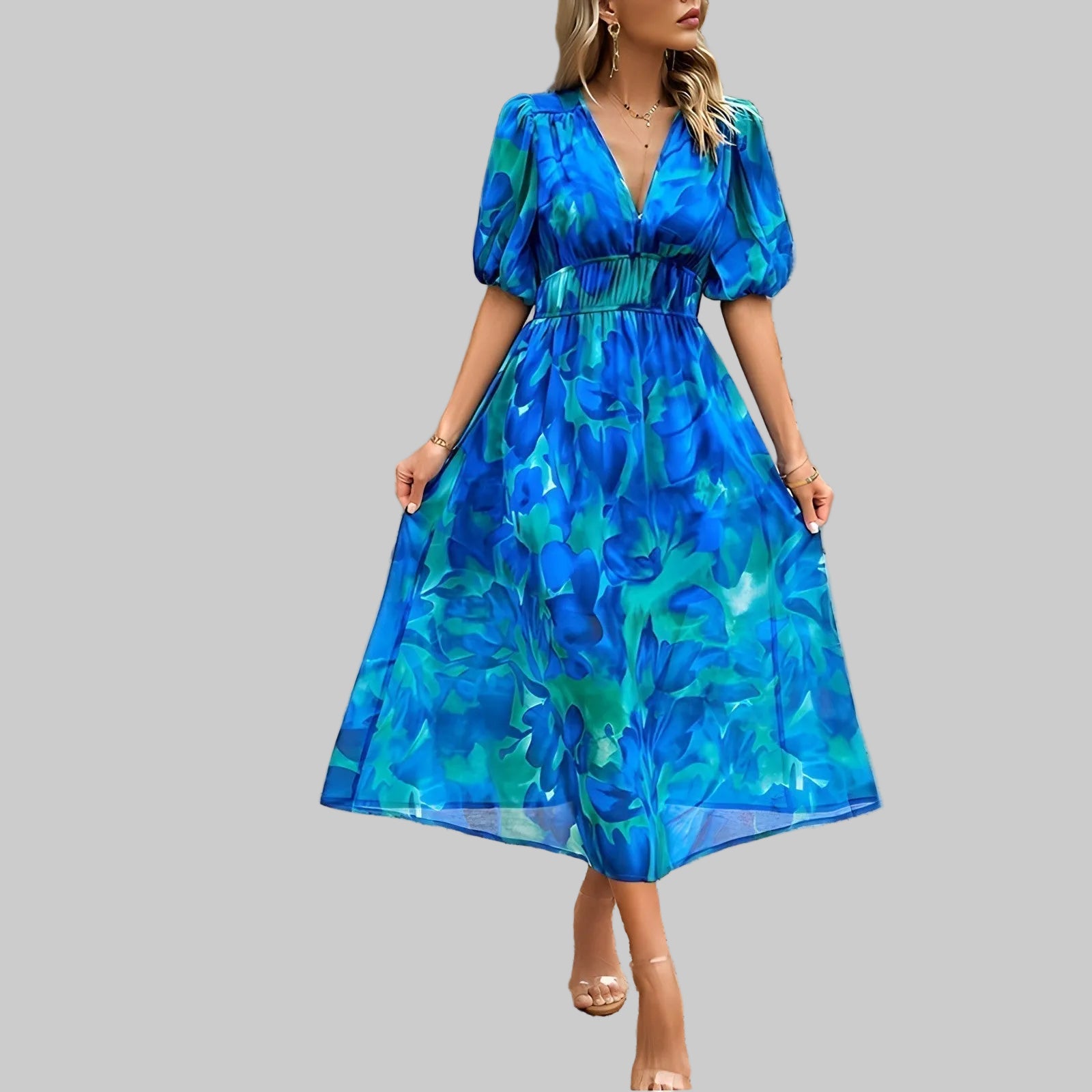Women’s Short Puff Sleeve Midi Dress with Floral Print