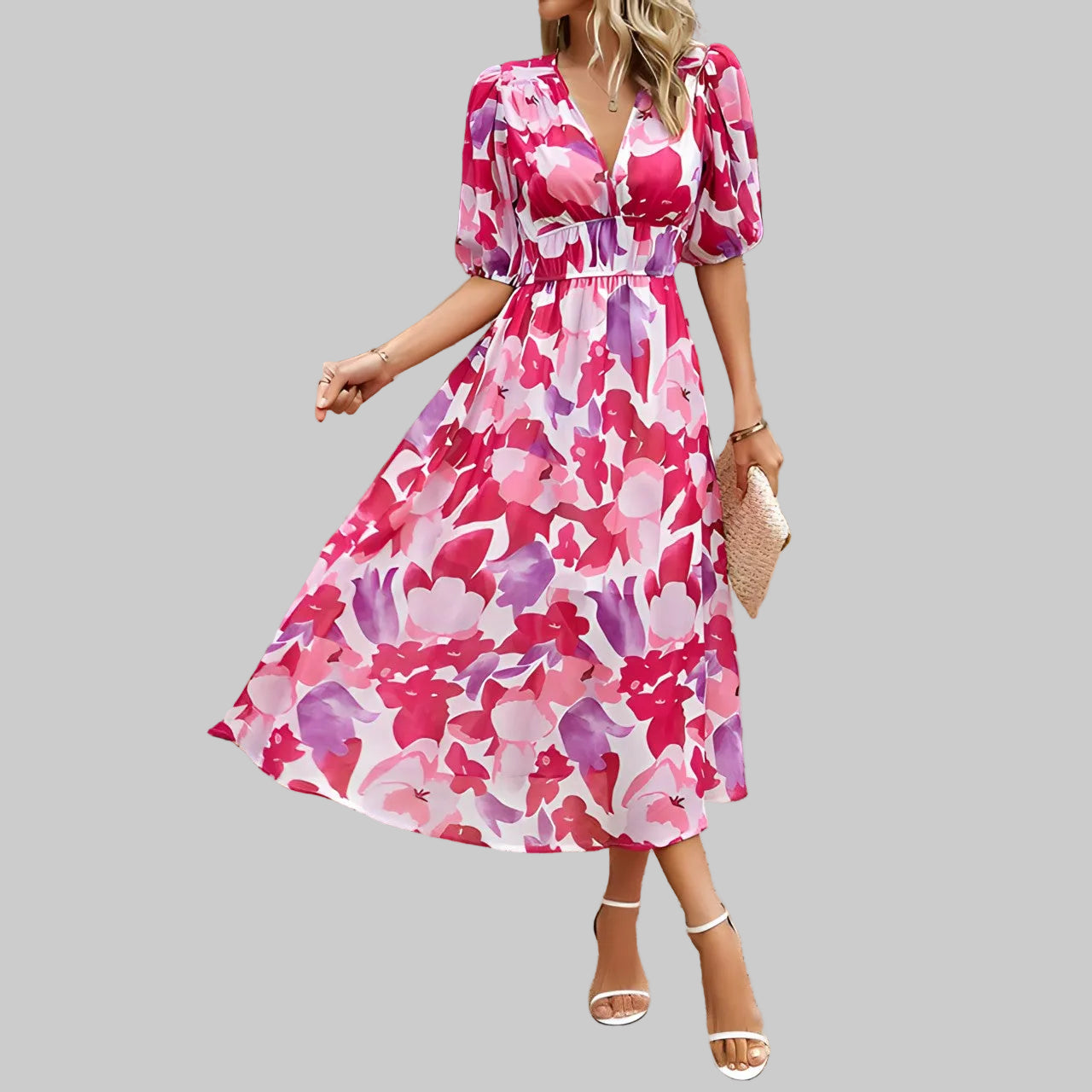 Women’s Short Puff Sleeve Midi Dress with Floral Print