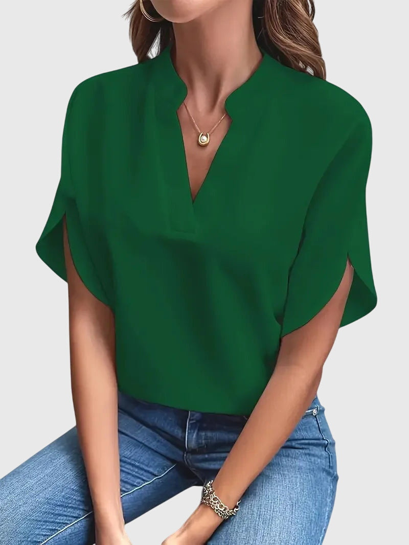 Women’s Short Sleeve Blouse with Split Neckline