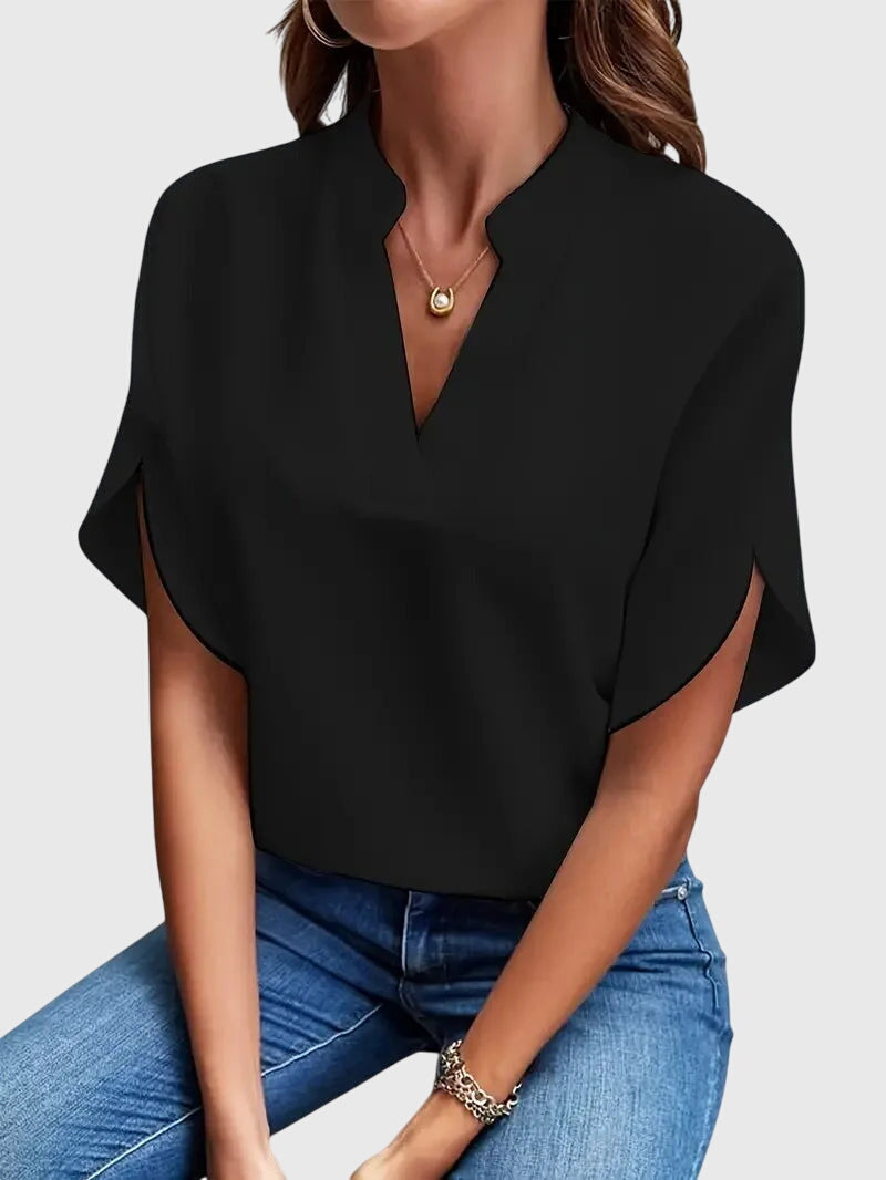 Women’s Short Sleeve Blouse with Split Neckline