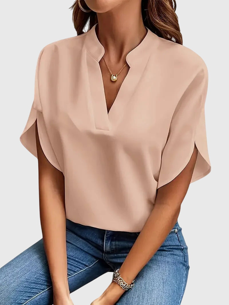 Women’s Short Sleeve Blouse with Split Neckline