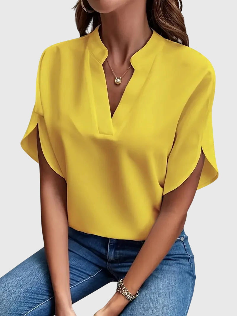 Women’s Short Sleeve Blouse with Split Neckline