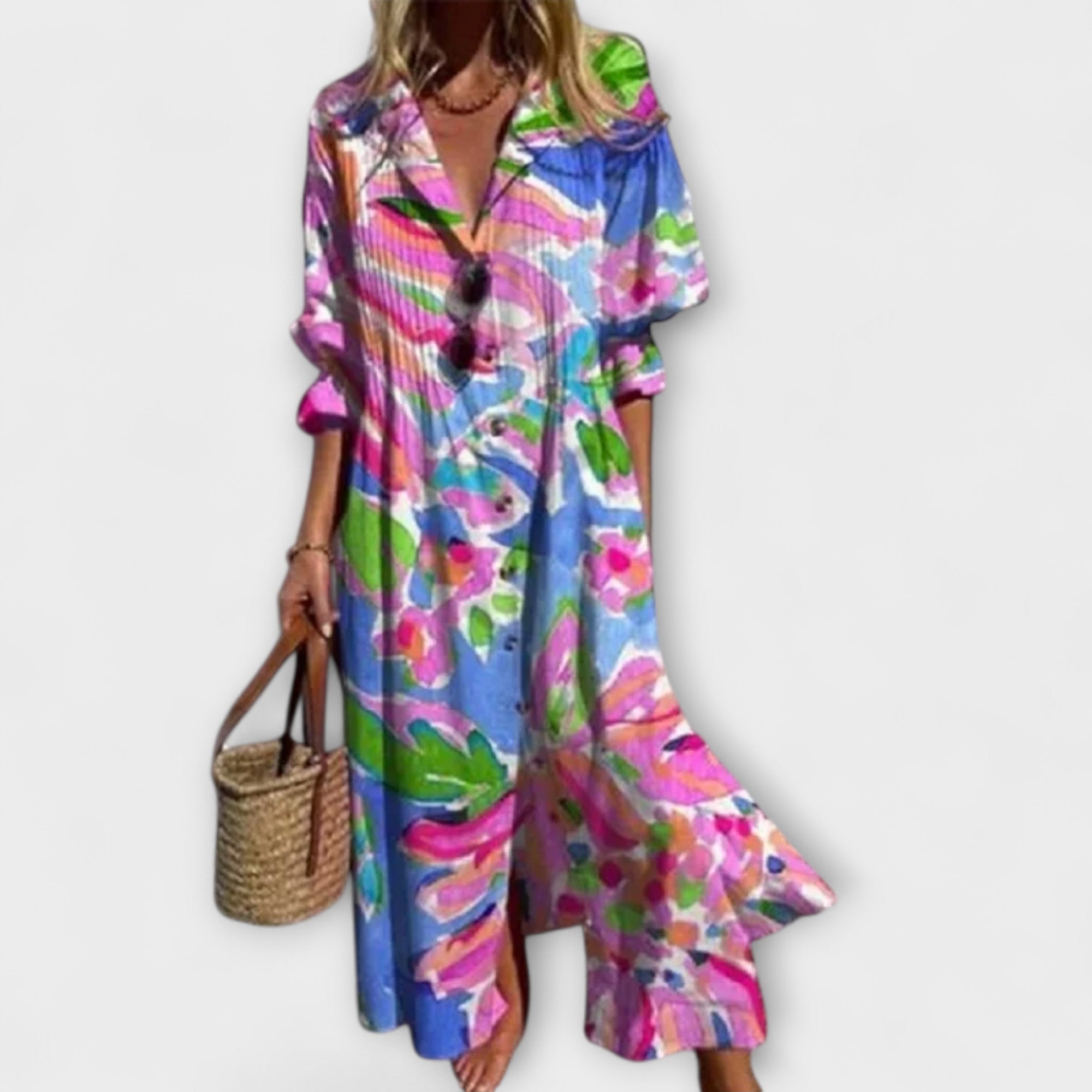 Women’s Short Sleeve Maxi Dress with Button Front