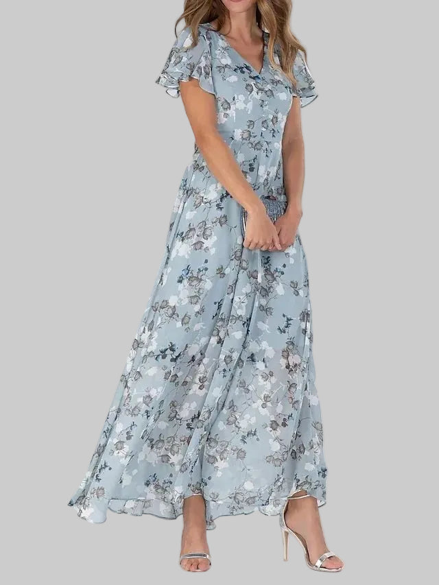 Women’s Short Sleeve Maxi Dress with Floral Print and V-Neckline