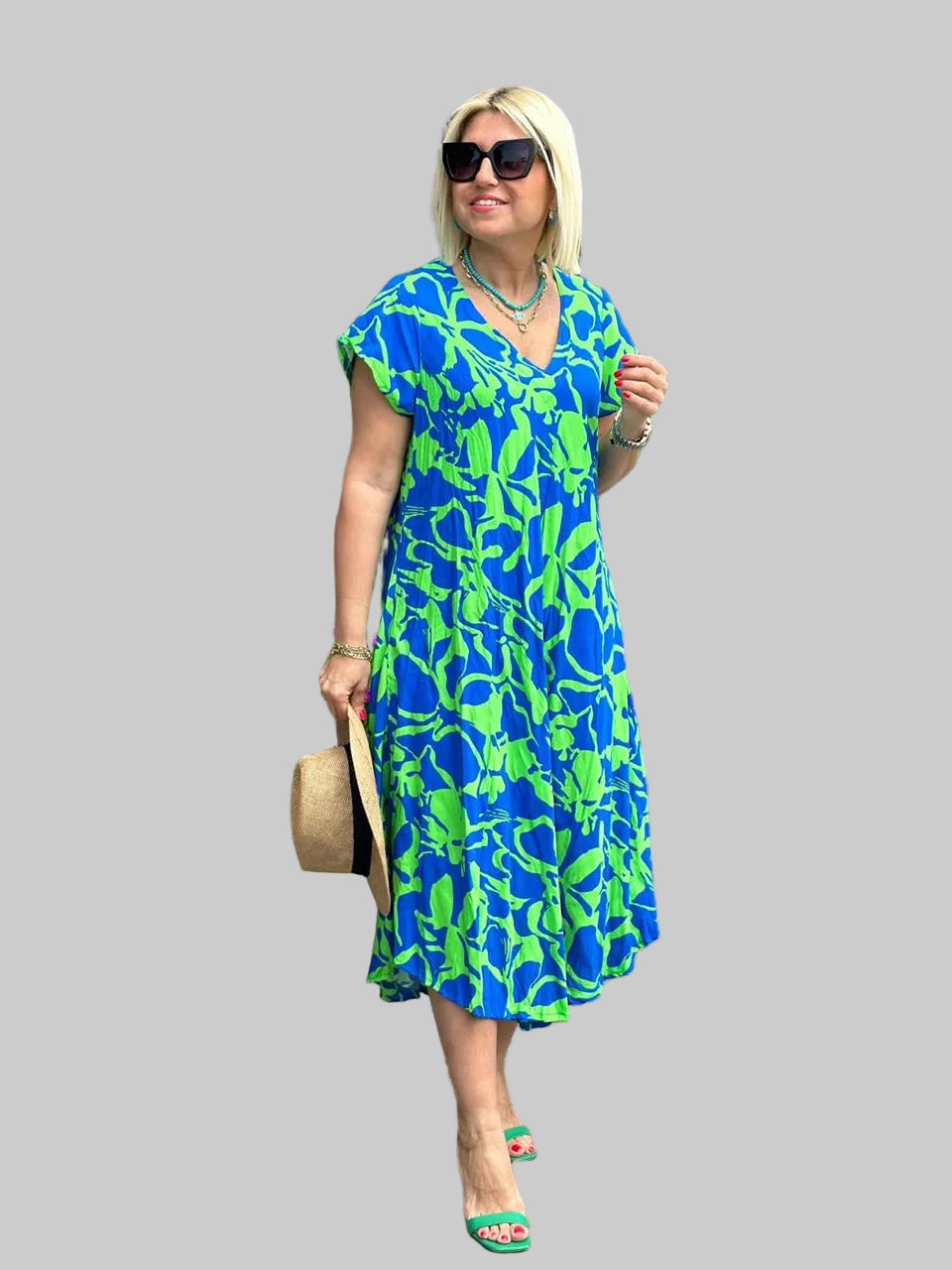 Women’s Short Sleeve Midi Dress with Abstract Print and V-Neckline