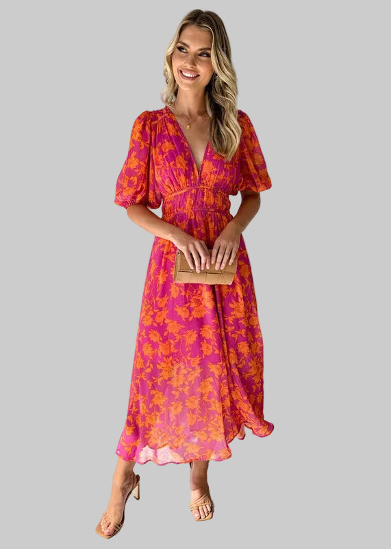 Women’s Short Sleeve Midi Dress with Floral Print