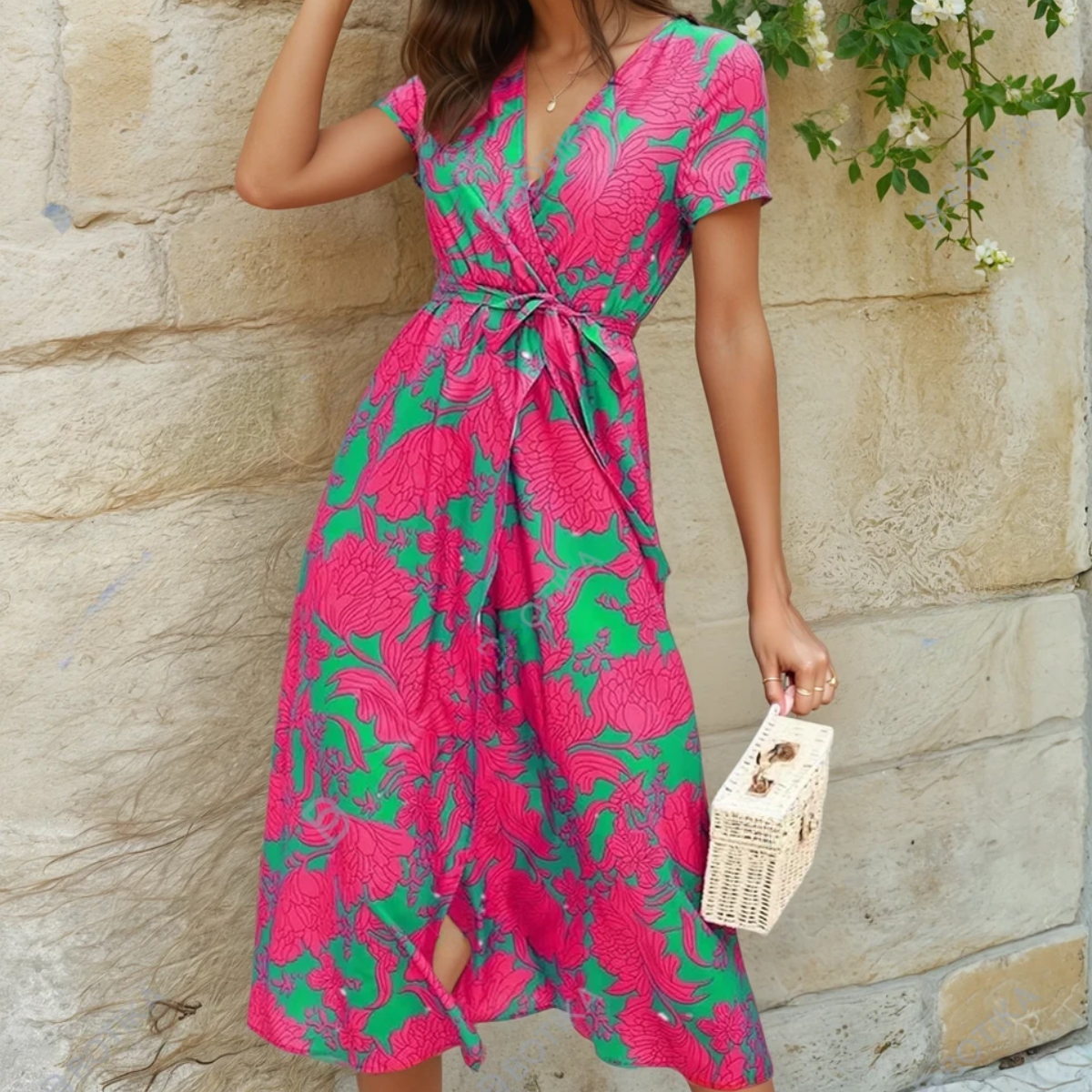 Women’s Short Sleeve Midi Dress with Floral Print and Wrap Front