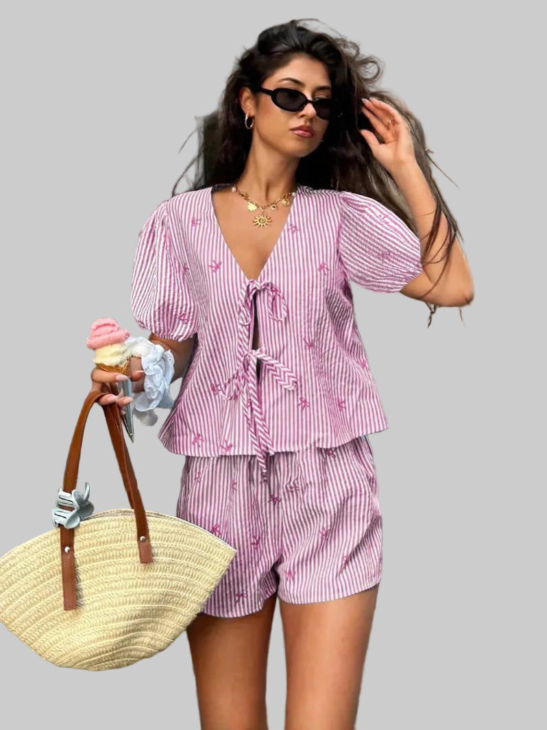 Women’s Striped Bow Print Top and Shorts Set