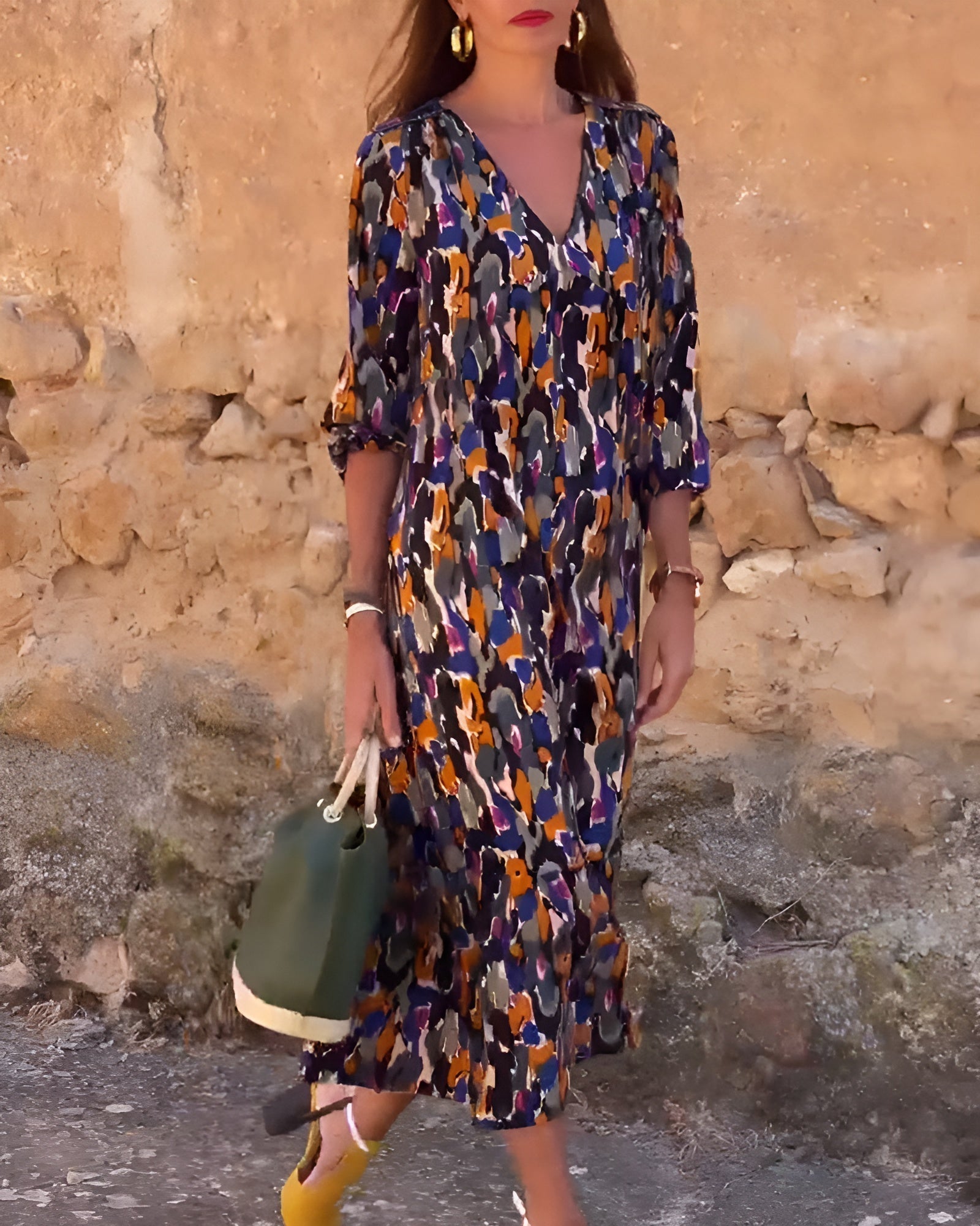 Women’s Three-Quarter Sleeve Midi Dress with Abstract Print
