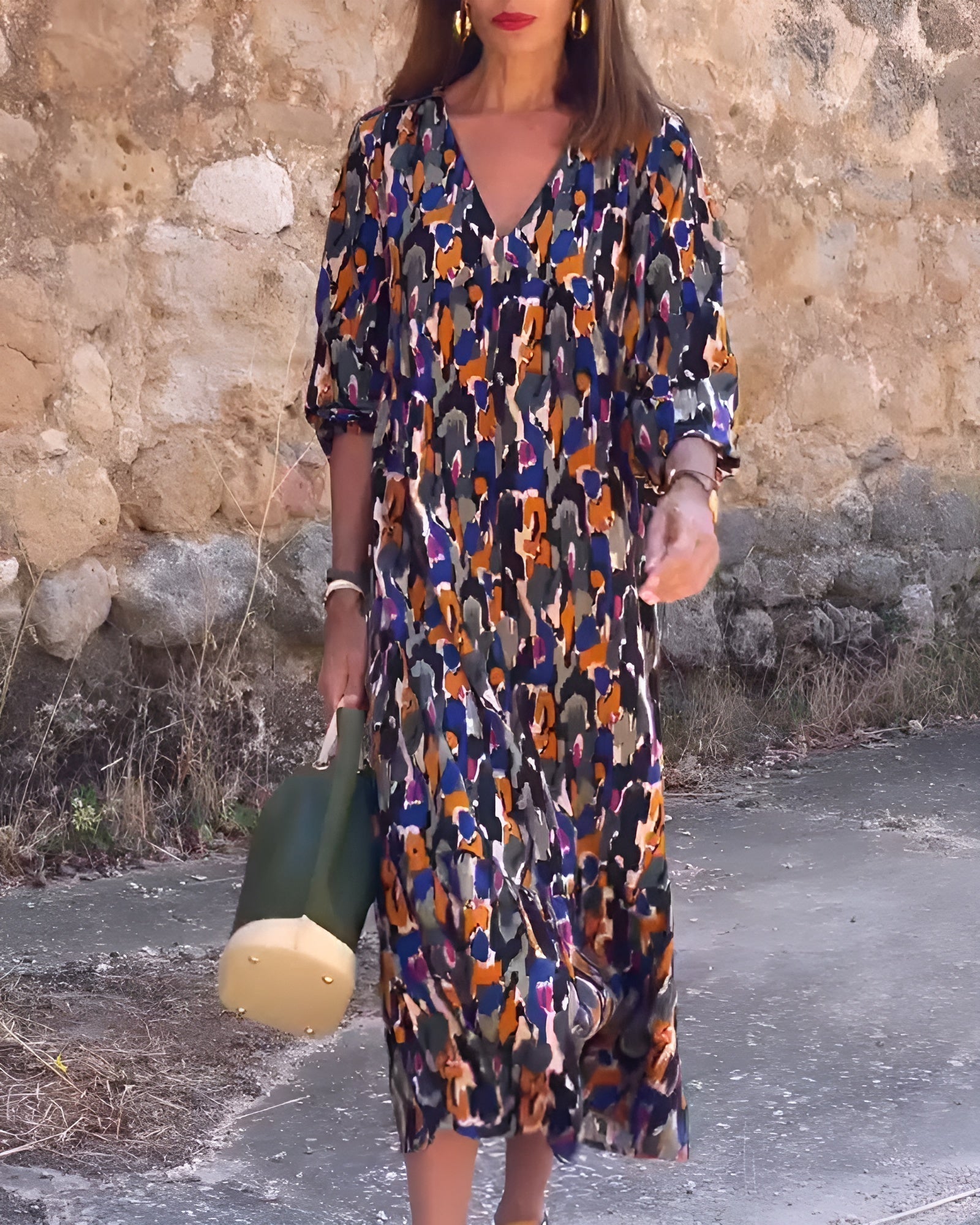 Women’s Three-Quarter Sleeve Midi Dress with Abstract Print