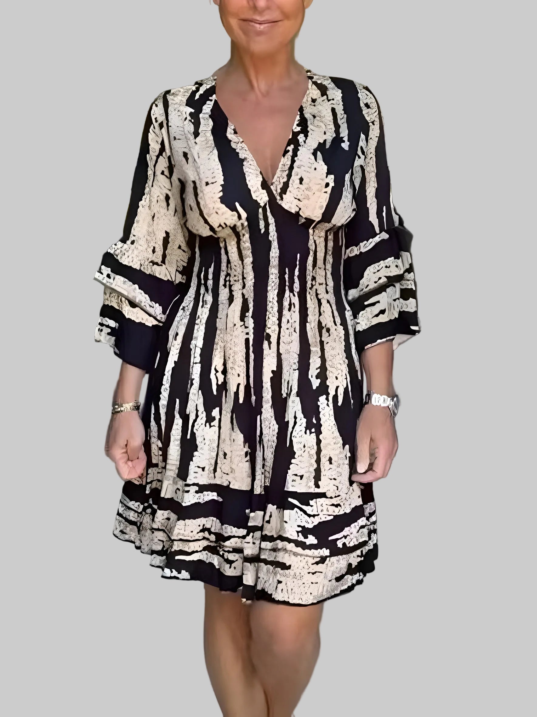 Women’s Three-Quarter Sleeve Mini Dress with Abstract Print