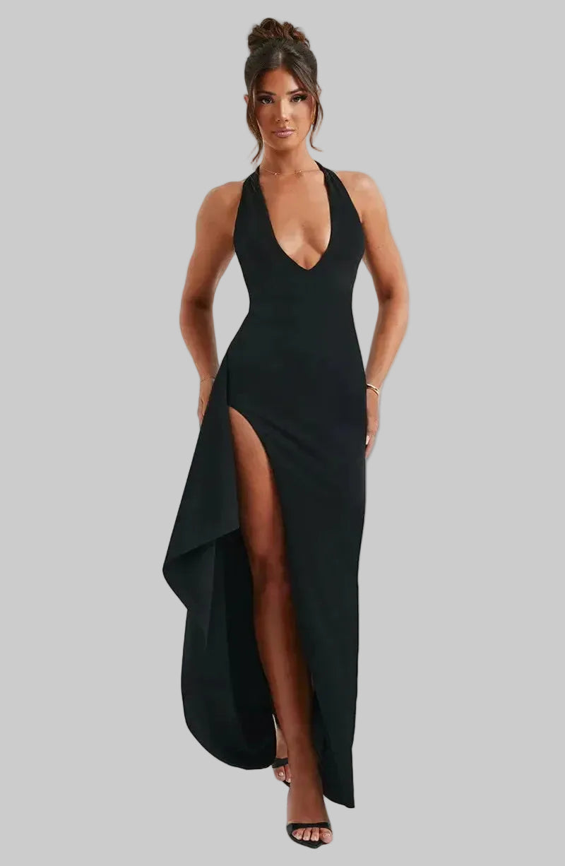 fitted lace wedding dress Black Satin Halter Neck Maxi Dress main image 0